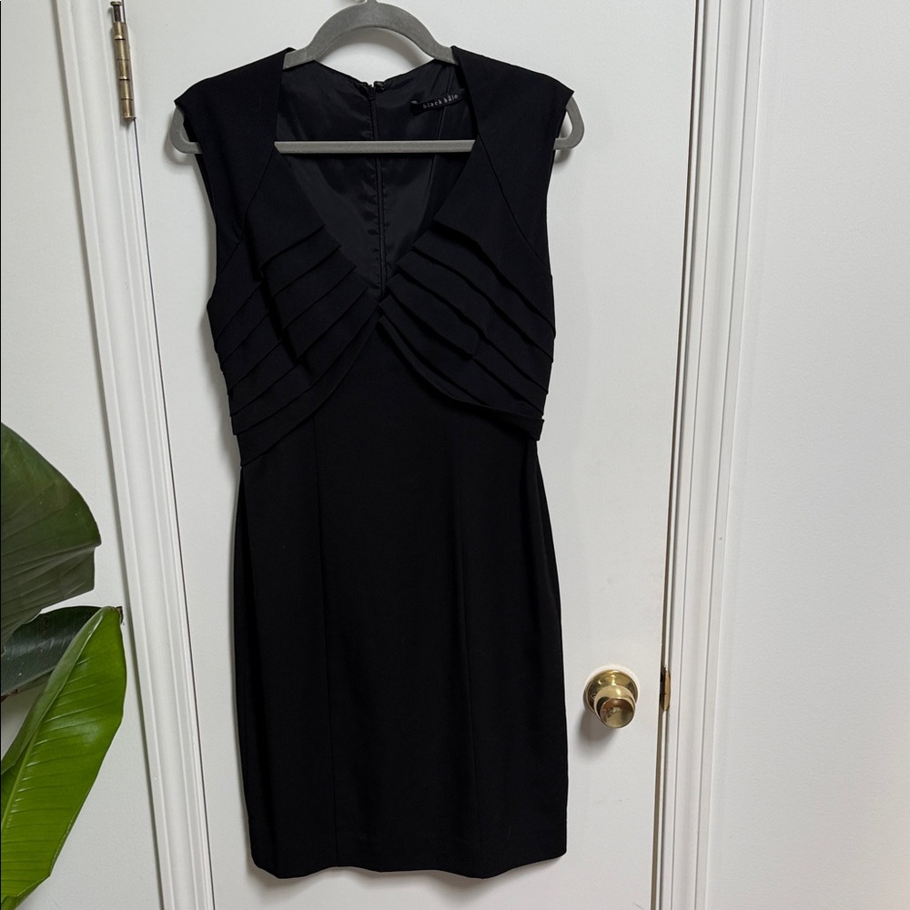 Black V-Neck Pleated Bodice Sheath Dress